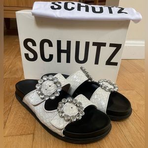 Schutz Ariel white leather rhinestone Birkenstock sandal
